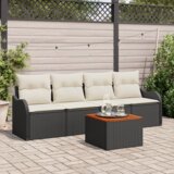 vidaXL 5-delni set vrtne sedežne garniture z blazinami Črna poly ratan akacija | Shoptok.si