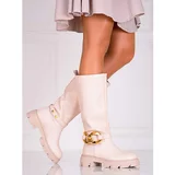 SHELOVET Beige women's boots with chain made of eco leather