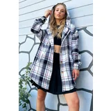 Trend Alaçatı Stili Women's Black Hooded Plaid Patterned Oversize Shirt Jacket