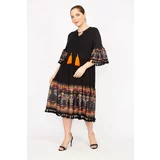Şans Women's Black Plus Size Sleeve and Skirt Patterned Tassel Detailed Dress