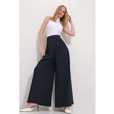 Trend Alaçatı Stili Women's Navy Blue High Waist Side Zipper Wide Leg Woven Trousers