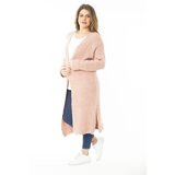 Şans Women's Plus Size Pink Knitwear Long Cardigan with a Slit cene