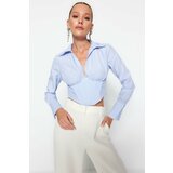 Trendyol Blue and White Striped Poplin Shirt with Corset Detailed cene