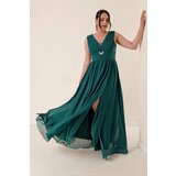 By Saygı Front Back V-Neck Stone Detailed Waist Draped Plus Size Chiffon Long Dress with a Front Slit Emerald Cene