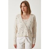  Women's Cream Floral Embroidered Cardigan Athlete Knitwear Suit | Shoptok.si