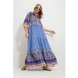 Trend Alaçatı Stili Women's Light Blue Front Laced Patterned Woven Viscose Dress Cene