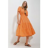 Trend Alaçatı Stili Women's Orange Double Breasted Waist Gimped Walloon Woven Poplin Dress Cene