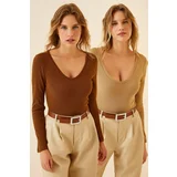  Women's Brown Biscuit V-Neck 2-Pack Knitted Blouse