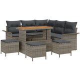 vidaXL 9-dijelni vrtni sofa set s jastučićima, siva poli ratan akacija, 2-mjesta vrtna sofa s prostorom za pohranu i jastučićima, siva poli ratan, 4-dijelni vrtni set za blagovanje s jastučićima, siva poli ratan akacija | shoptok.hr