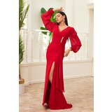 Carmen Red Chiffon Long Evening Dress with Buckle Detail | Shoptok.si