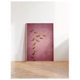 Wallxpert uramljena slika 115206, jato zlatnih ždralova na ružičastoj pozadini, 50 x 70 cm, ram u boji prirodnog drveta Cene