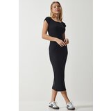 Happiness İstanbul Women's Black Crew Neck Ribbed Knitted Modal Dress Cene