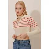 HAKKE Polo Neck Top Striped Knitwear Blouse