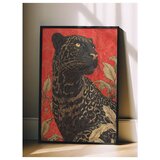 Wallxpert uramljena slika 115265, crni panter sa lišćem na crvenoj pozadini, 50 x 70 cm, crni ram | Eponuda.com