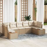 vidaXL 7-delni vrtni kavč set s blazinami bež poli ratan akacija | Shoptok.si