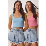  Women's Sky Blue Pink Strapless Crop 2-Pack Knitted Blouse Cene