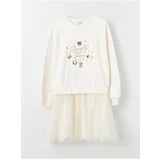 LC Waikiki Girl's Dress with a Crew Neck Printed Long Sleeve