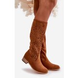 Boto Women's Low Heel Cutout Boots in Faux Suede with Zip Closure Camel Orchides Cene
