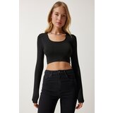  Women's Black U Neck Ribbed Crop Knitwear Blouse Cene