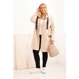Kesi Włoski Plus Size women's coat made of faux sheepskin with a hood and pockets beige | Shoptok.si