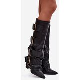 Boto Women's heeled boots with turned upper and gold buckles Black Isavelle | Shoptok.si