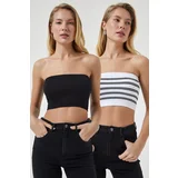 Happiness İstanbul Women's Black and White Strapless Knitted 2-Pack Bustier