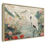  Slika - By an Asian pond - an illustration in the style of a Japanese engraving depicting a heron 120x80 U prirodnom drvenom ok | shoptok.hr