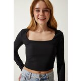 Happiness İstanbul Women's Black Square Neck Ribbed Crop Knitted Blouse cene
