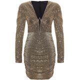 Trendyol Gold Fitted Evening Dress with Sequins and Sequins Cene