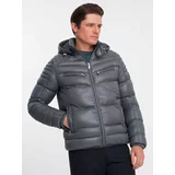 Ombre Men's quilted winter jacket with decorative zippers - graphite