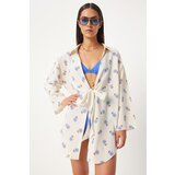 Happiness İstanbul women's ecru blue tied linen kimono