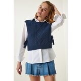  Women's Navy Blue Motif Tied Crop Knitwear Sweater | Eponuda.ba