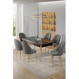 Hanah home trpezarijski set Rada, sto na razvlačenje i 6 stolica, ploča u dekoru crnog mermera, zlatne noge, siva tkanina Babyface | Eponuda.com