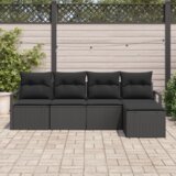 vidaXL 5-delni vrtni kavč set z blazinami Črn poli ratan | Shoptok.si
