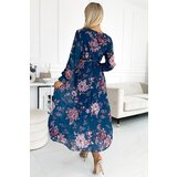 numoco basic Numoco pleated chiffon long dress with neckline, long sleeves and belt | Shoptok.si