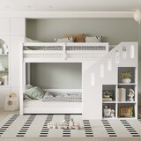 Möbrio Pogradna postelja 2x90x200 cm z lestvijo, nasloni za roke in policami za shranjevanje, masivni les, bela, (22060396) | Shoptok.si