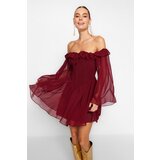 Trendyol Burgundy Chiffon Evening Dress that Opens at the Waist/Skater Lined, Chiffon Evening Dress Cene