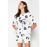 Trendyol White-Multicolor 100% Cotton Leopard Patterned Slogan Knitted Pajamas Set Cene