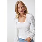  Women's White Square Neck Textured Knitted Blouse | Eponuda.ba