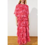Trendyol Pink Floral Skirt Layered Chiffon Woven Evening Dress Cene