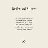WoodWick Trilogy Driftwood Shores dišeča sveča z lesenim stenjem 275 g | Shoptok.si