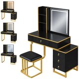  Crno-zlatni kozmetički toaletni stolić s LED ogledalom, rasvjetom, ormarićem i stolicom | shoptok.hr