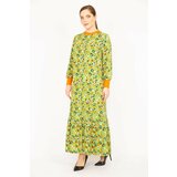 Şans Women's Green Plus Size Woven Viscose Fabric Long Dress With Ribbed Collar And Sleeves Cene