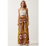 Happiness İstanbul Women's Mustard Patterned Raw Linen Palazzo Trousers cene