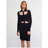 Dilvin 90143 Polo Collar Buttoned Knitwear Dress-Black