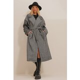 Trend Alaçatı Stili Women's Black Double Breasted Waist Belted Herringbone Patterned Cachet Coat Cijene