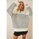  Women's Ecru Black Zippered Stand Up Collar Striped Oversize Sweater | shoptok.hr