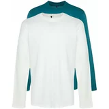 Trendyol Petrol-Ecru Men 2-Pack 100% Cotton Long Sleeved Regular/Regular Cut Basic T-Shirt.
