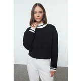 Trendyol Black Relaxed/Comfortable Fit Slogan Embroidered Thick Knitted Sweatshirt