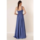 By Saygı Knitting Single Strap Waist Pleated Lined Long Evening Dress with a Slit dark indigo. Cene